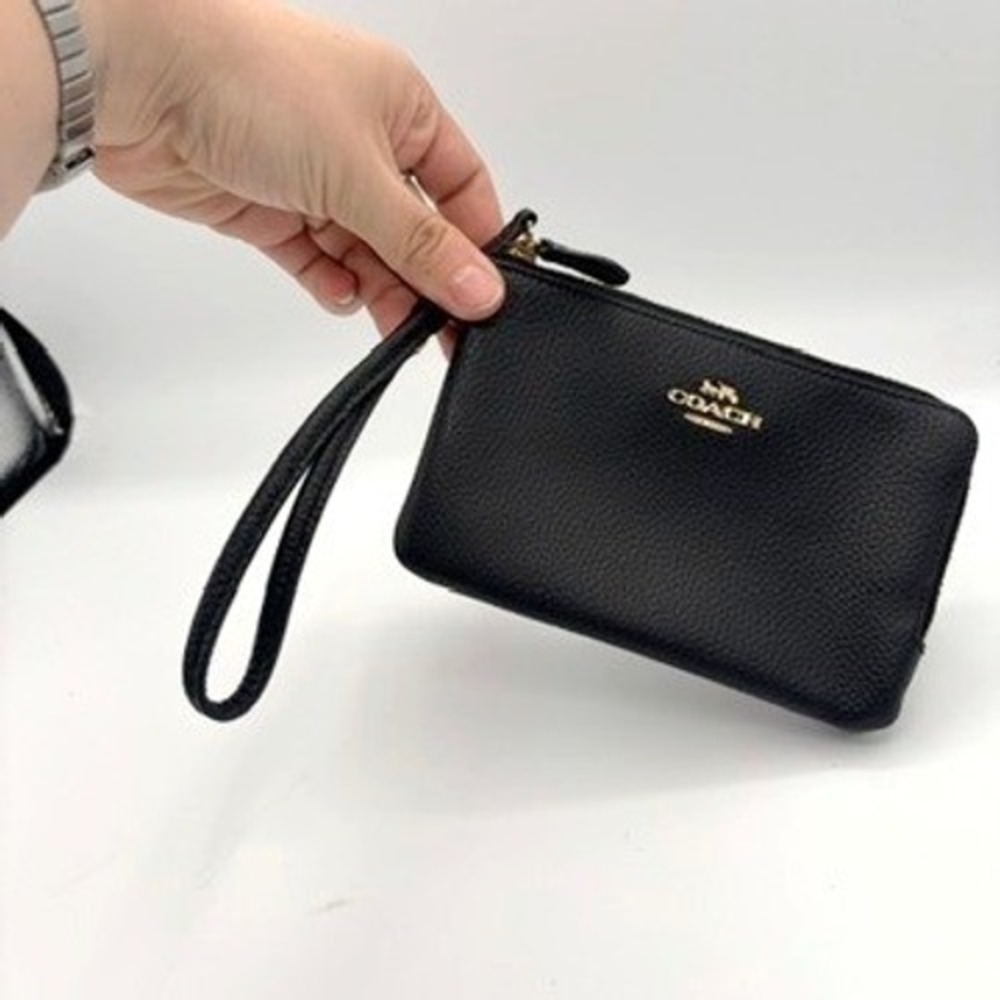 Coach Wristlet Womens Sz S Black Pebble Leather Double Zip Wallet